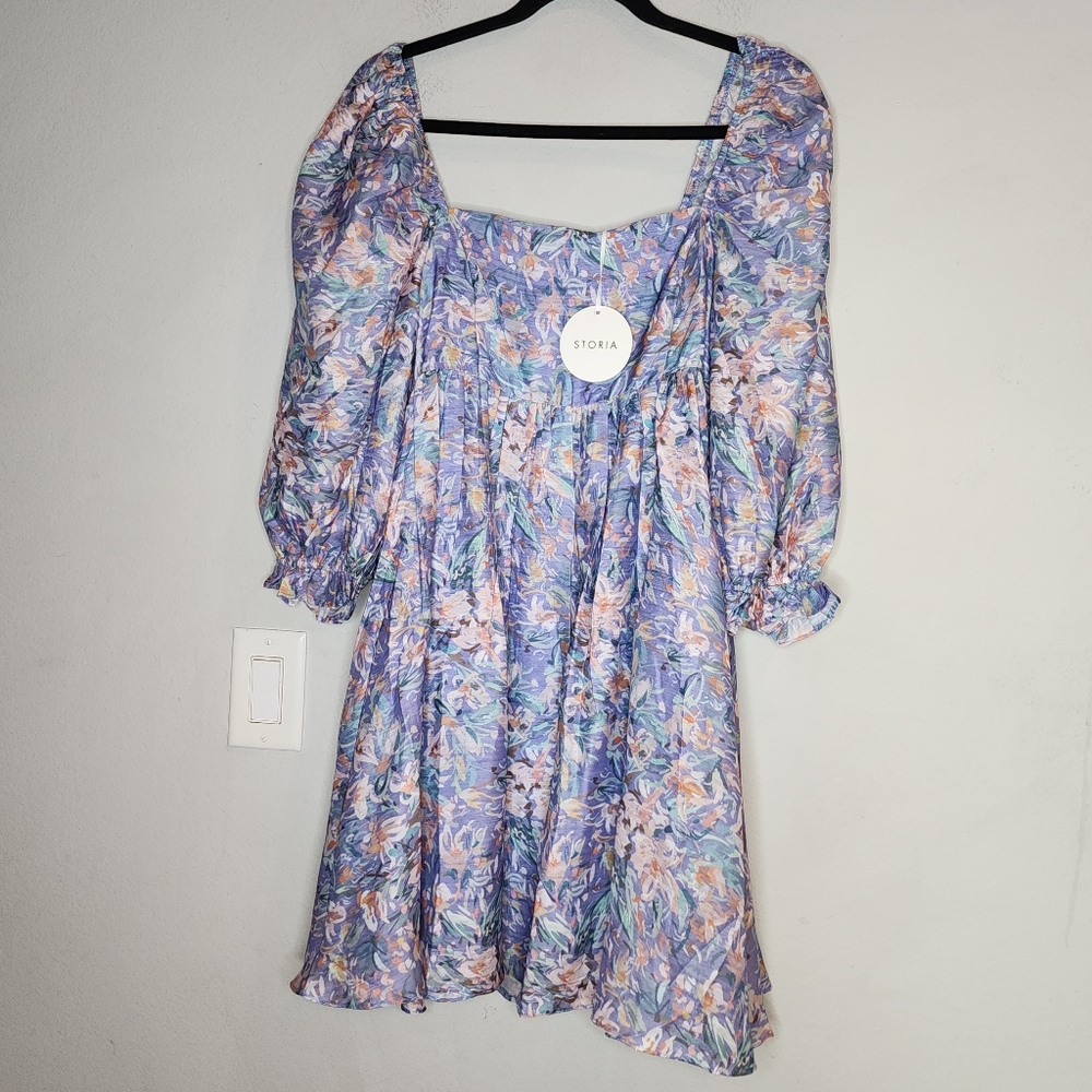 NWT Storia Puff Sleeve Baby Doll Mini Dress Purple Green Orange Size Large